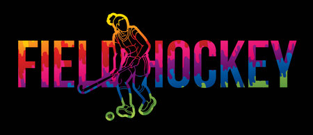 Field Hockey Text Designed with Female Player Cartoon Sport Graphic Vectorのイラスト素材
