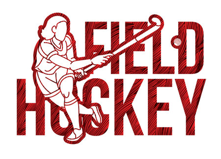 Field Hockey Text Designed with Female Player Cartoon Sport Graphic Vectorのイラスト素材