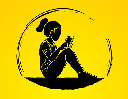 A Girl Reading A Book Cartoon Silhouette Graphic Vectorのイラスト素材