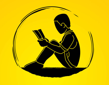 A Boy Reading A Book Cartoon Silhouette Graphic Vectorのイラスト素材