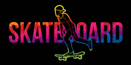Skateboard Text Designed with Skateboarder Action Cartoon Extreme Sport Graphic Vectorのイラスト素材