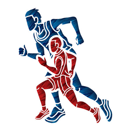 Group of Runner Action Start Running Men Run Together Cartoon Sport Graphicのイラスト素材