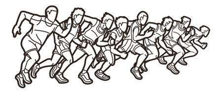 Group of Runner Action Start Running Men Run Together Cartoon Sport Graphic Vectorのイラスト素材