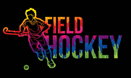 Field Hockey Font Design with Male Player Action Cartoon Graphic Vectorのイラスト素材