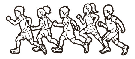 Children Running Together Boy and Girl Cartoon Sport Graphic Vectorのイラスト素材