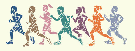 Children Running Together Boy and Girl Cartoon Sport Graphic Vectorのイラスト素材