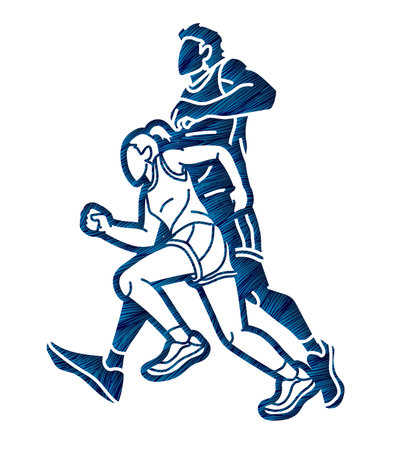 Group of People Running Together Runner Marathon Male and Female Run Action Cartoon Sport Graphic Vectorのイラスト素材