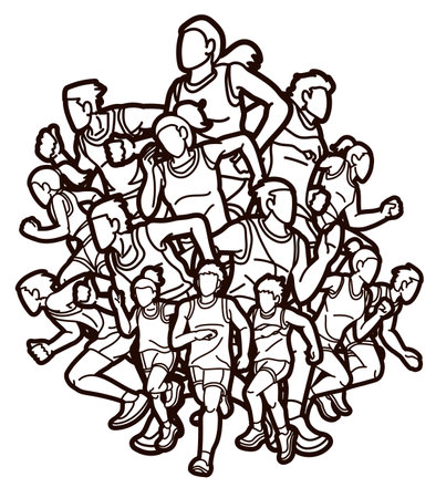 Group of People Running Together Runner Marathon Male and Female Run Action Cartoon Sport Graphic Vectorのイラスト素材