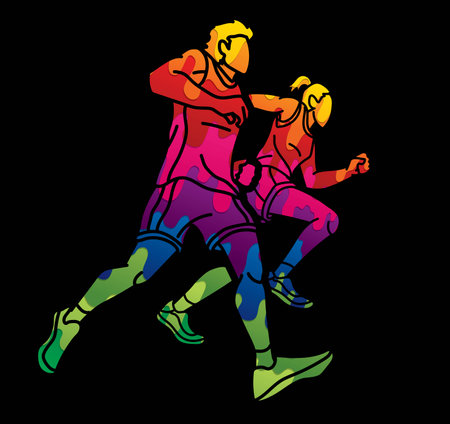 Group of People Running Together Runner Marathon Male and Female Run Action Cartoon Sport Graphic Vectorのイラスト素材