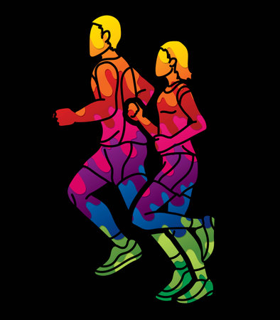 Group of People Running Together Runner Marathon Male and Female Run Action Cartoon Sport Graphic Vectorのイラスト素材