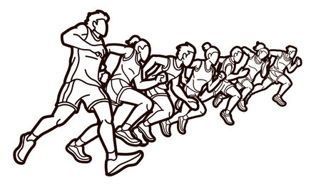 Group of People Running Together Runner Marathon Male and Female Run Action Cartoon Sport Graphic Vectorのイラスト素材