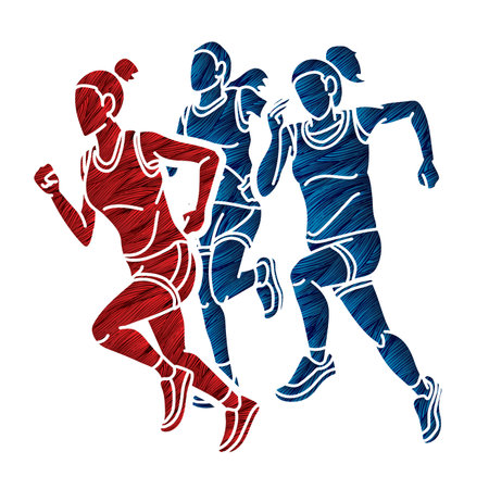 Women Start Running Together Marathon Runner Action Cartoon Sport Graphic Vectorのイラスト素材