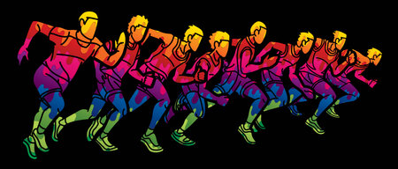 Men Start Running Together Marathon Runner Action Cartoon Sport Graphic Vectorのイラスト素材