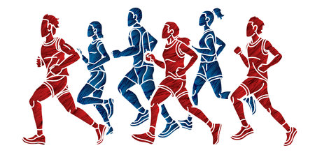 Group of People Men and Women Running Together Marathon Runner Cartoon Sport Graphic Vectorのイラスト素材