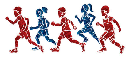 Group of Children Running Together Sport Boy and Girl Start Running Graphic Vectorのイラスト素材