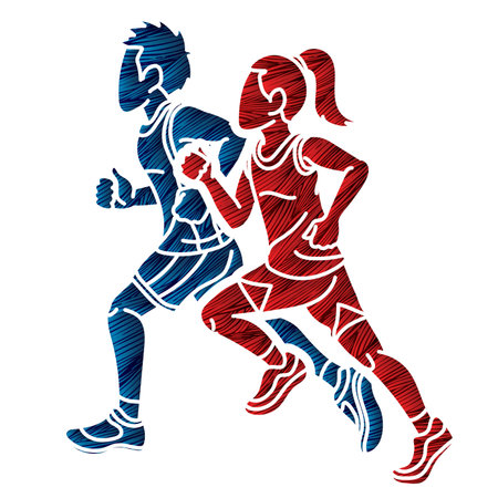 Group of Children Running Together Sport Boy and Girl Start Running Graphic Vectorのイラスト素材