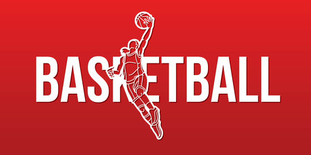 Basketball Female Player Action with Basketball Font Design Cartoon Sport Graphic Vectorのイラスト素材