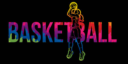 Basketball Female Player Action with Basketball Font Design Cartoon Sport Graphic Vectorのイラスト素材