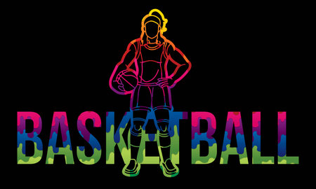 Basketball Female Player Action with Basketball Font Design Cartoon Sport Graphic Vectorのイラスト素材
