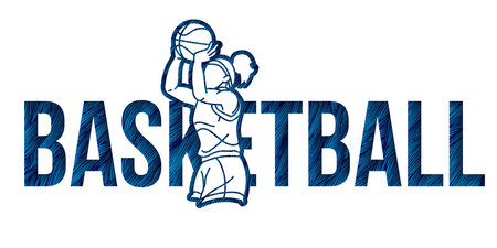 Basketball Female Player Action with Basketball Font Design Cartoon Sport Graphic Vectorのイラスト素材