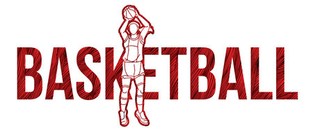 Basketball Female Player Action with Basketball Font Design Cartoon Sport Graphic Vectorのイラスト素材