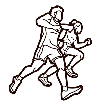 Group of People  Running Together Runner Marathon Male and Female Run Action Cartoon Sport Graphic Vectorのイラスト素材