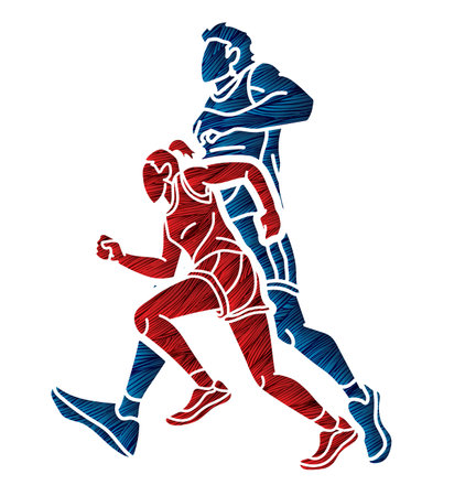Group of People  Running Together Runner Marathon Male and Female Run Action Cartoon Sport Graphic Vectorのイラスト素材