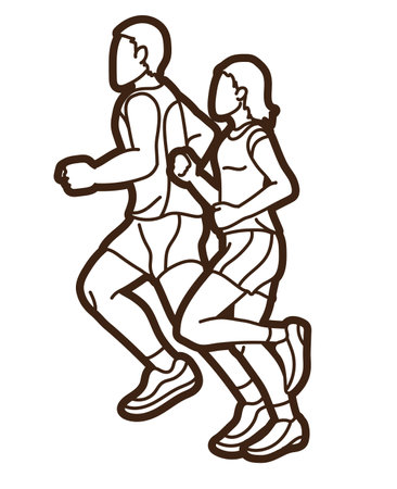 Group of People  Running Together Runner Marathon Male and Female Run Action Cartoon Sport Graphic Vectorのイラスト素材
