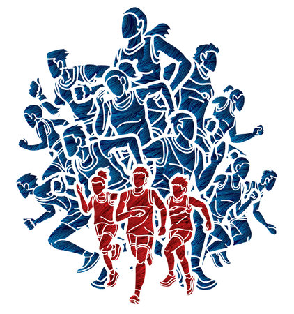 Group of People  Running Together Runner Marathon Male and Female Run Action Cartoon Sport Graphic Vectorのイラスト素材