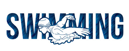 Swimming Text with Swimmer Action Cartoon Sport Graphic Vectorのイラスト素材