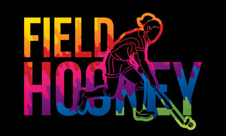 Field Hockey Font Design with Female Player Action Cartoon Graphic Vectorのイラスト素材