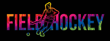 Field Hockey Font Design with Female Player Action Cartoon Graphic Vectorのイラスト素材