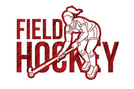 Field Hockey Font Design with Female Player Action Cartoon Graphic Vectorのイラスト素材