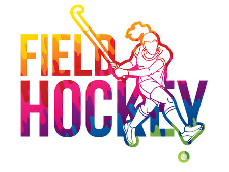 Field Hockey Font Design with Female Player Action Cartoon Graphic Vectorのイラスト素材