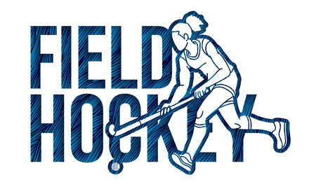 Field Hockey Font Design with Female Player Action Cartoon Graphic Vectorのイラスト素材