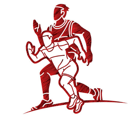 Group of People Start Running Men Runner Together Marathon Running Cartoon Sport Graphic Vectorのイラスト素材