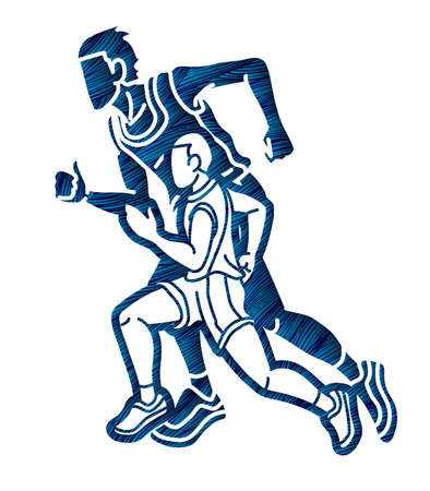 Group of People Start Running Men Runner Together Marathon Running Cartoon Sport Graphic Vectorのイラスト素材