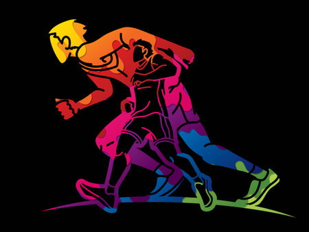 Group of People Start Running Men Runner Together Marathon Running Cartoon Sport Graphic Vectorのイラスト素材