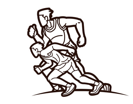 Group of People Start Running Men Runner Together Marathon Running Cartoon Sport Graphic Vectorのイラスト素材