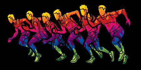 Group of People Start Running Men Runner Together Marathon Running Cartoon Sport Graphic Vectorのイラスト素材
