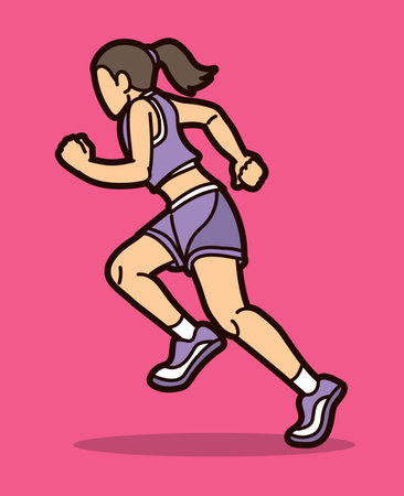 A Woman Start Running Jogging Marathon Runner Movement Action Cartoon Sport Graphic Vectorのイラスト素材