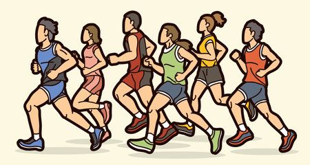 Group of People Running Together Runner Marathon Mix Male and Female Jogger Cartoon Sport Graphic Vectorのイラスト素材