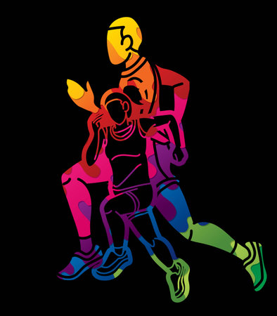 Group of People Running Together Runner Marathon Mix Male and Female Jogger Cartoon Sport Graphic Vectorのイラスト素材