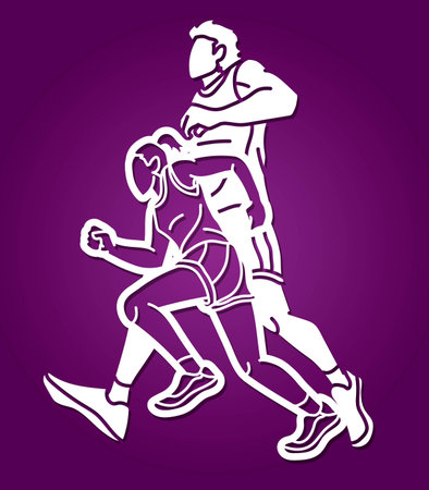 Group of People Running Together Runner Marathon Mix Male and Female Jogger Cartoon Sport Graphic Vectorのイラスト素材