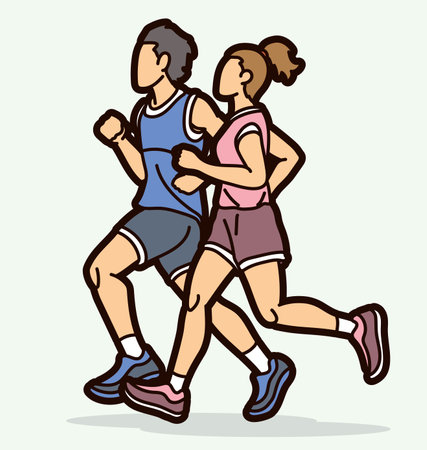 Group of People Running Together Runner Marathon Mix Male and Female Jogger Cartoon Sport Graphic Vectorのイラスト素材