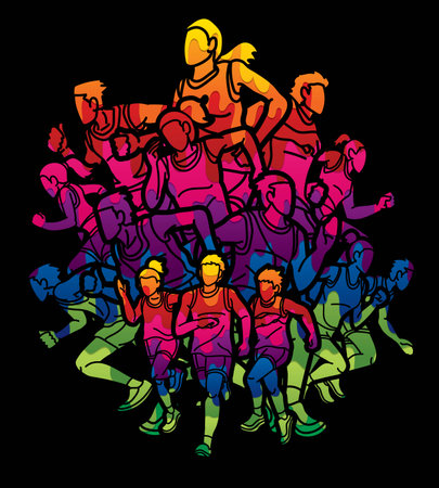 Group of People Running Together Runner Marathon Mix Male and Female Jogger Cartoon Sport Graphic Vectorのイラスト素材