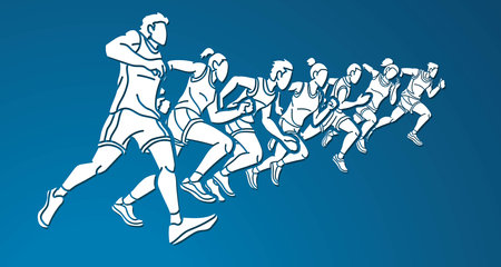 Group of People Running Together Runner Marathon Mix Male and Female Jogger Cartoon Sport Graphic Vectorのイラスト素材