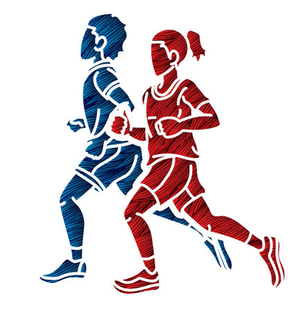 Children Running Boy and Girl Playing Together Exercise Runner Jogging Cartoon Sport Graphic Vectorのイラスト素材