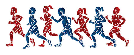 Children Running Boy and Girl Playing Together Exercise Runner Jogging Cartoon Sport Graphic Vectorのイラスト素材