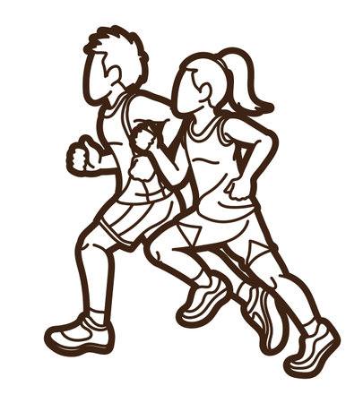Children Running Boy and Girl Playing Together Exercise Runner Jogging Cartoon Sport Graphic Vectorのイラスト素材